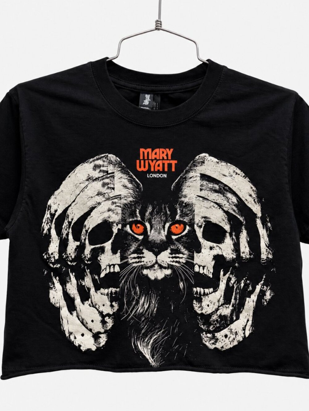 Mary Wyatt London Goth Cat Skull Graphic Cropped Tee Black Small